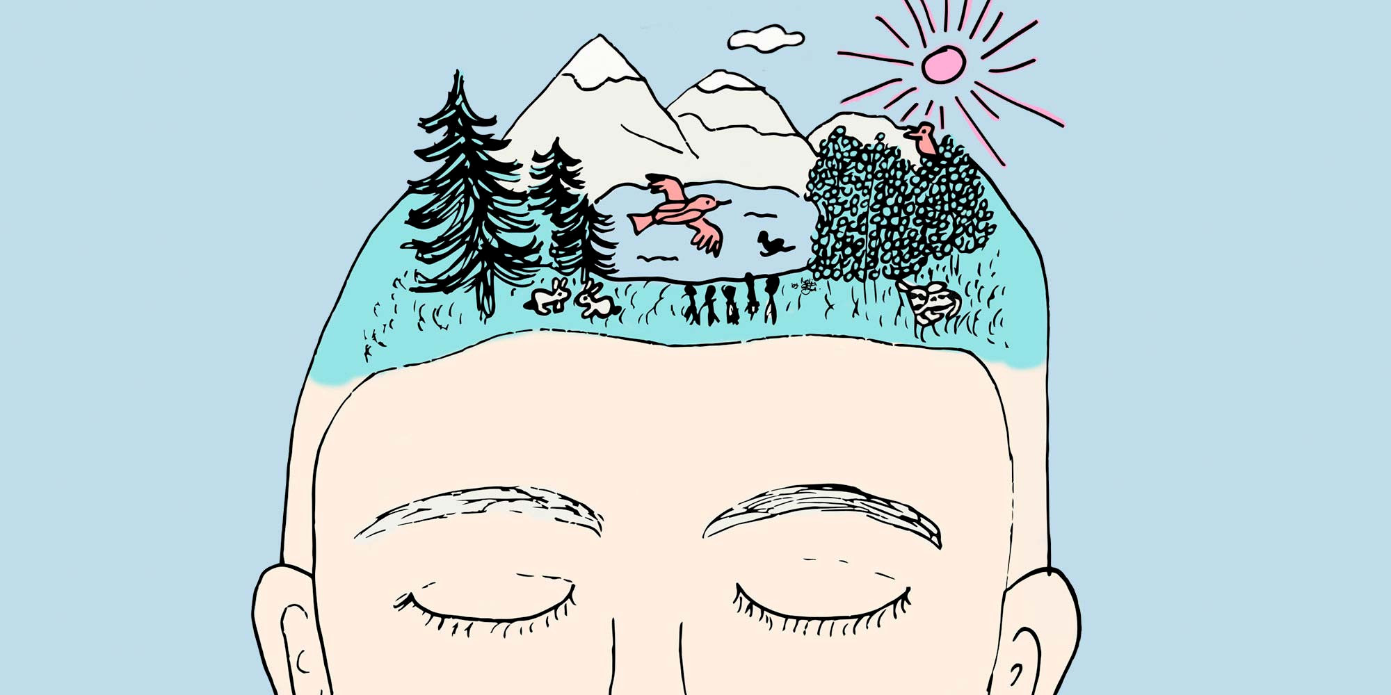 Illustration von Melanie Bütikofer, die ein Gesicht zeigt von einer Person mit geschloßenen Augen. Ihr Gehirn wird mit einer Fantasiewelt dargestellt, was symbolisch für die Gedankenwelt dieser Person steht. Passend zum Blogtext «Gedankenhygiene».