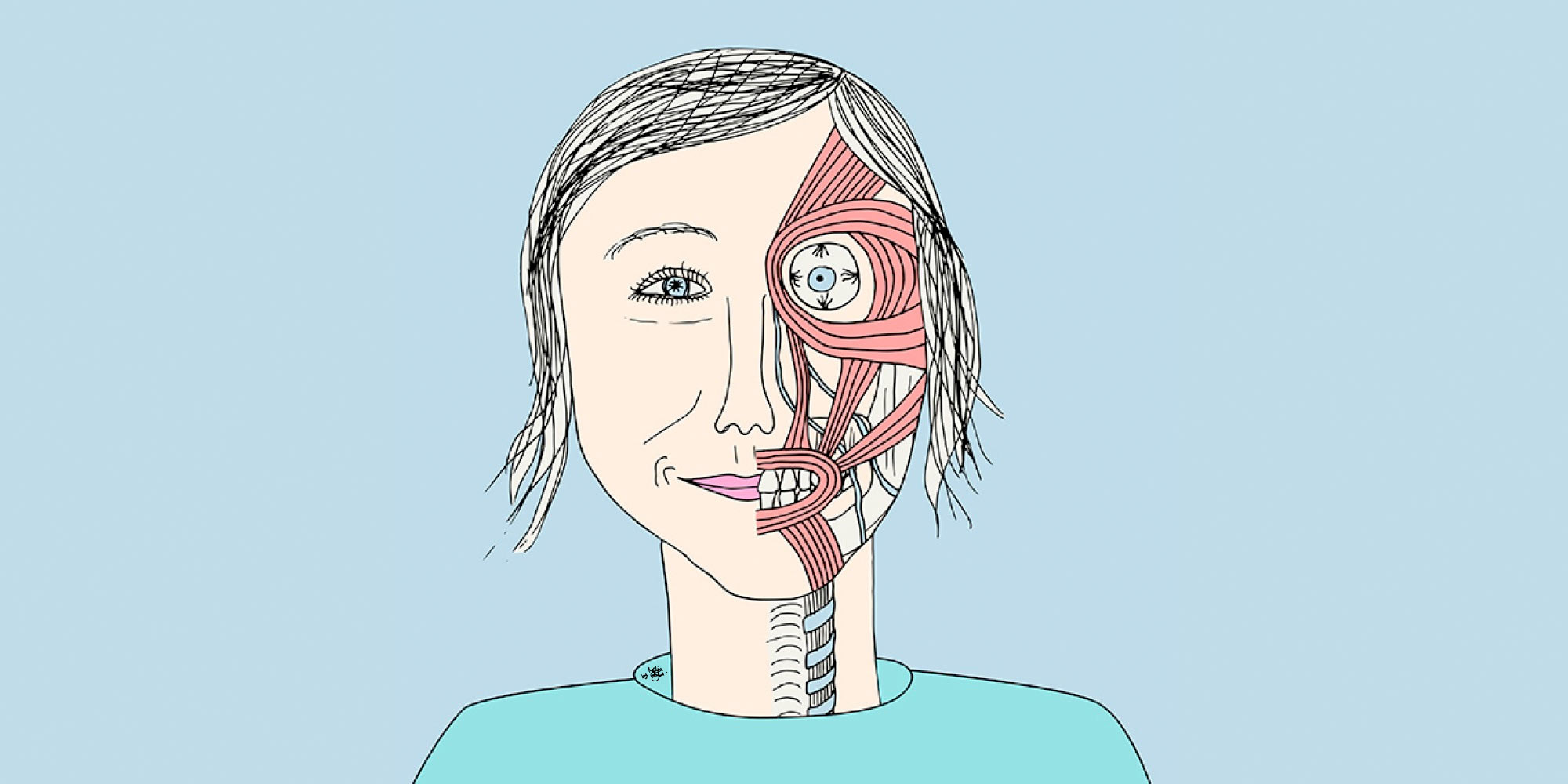 Illustration von Melanie Bütikofer: Eine junge Frau die direkt in die Kamera schaut. Eine Gesichtshälfte zeigt die darunterliegenen Muskeln und Fasern und stellt das abgenagte Selbst dar, welches durch starke Selbstzweifel entstehen kann.