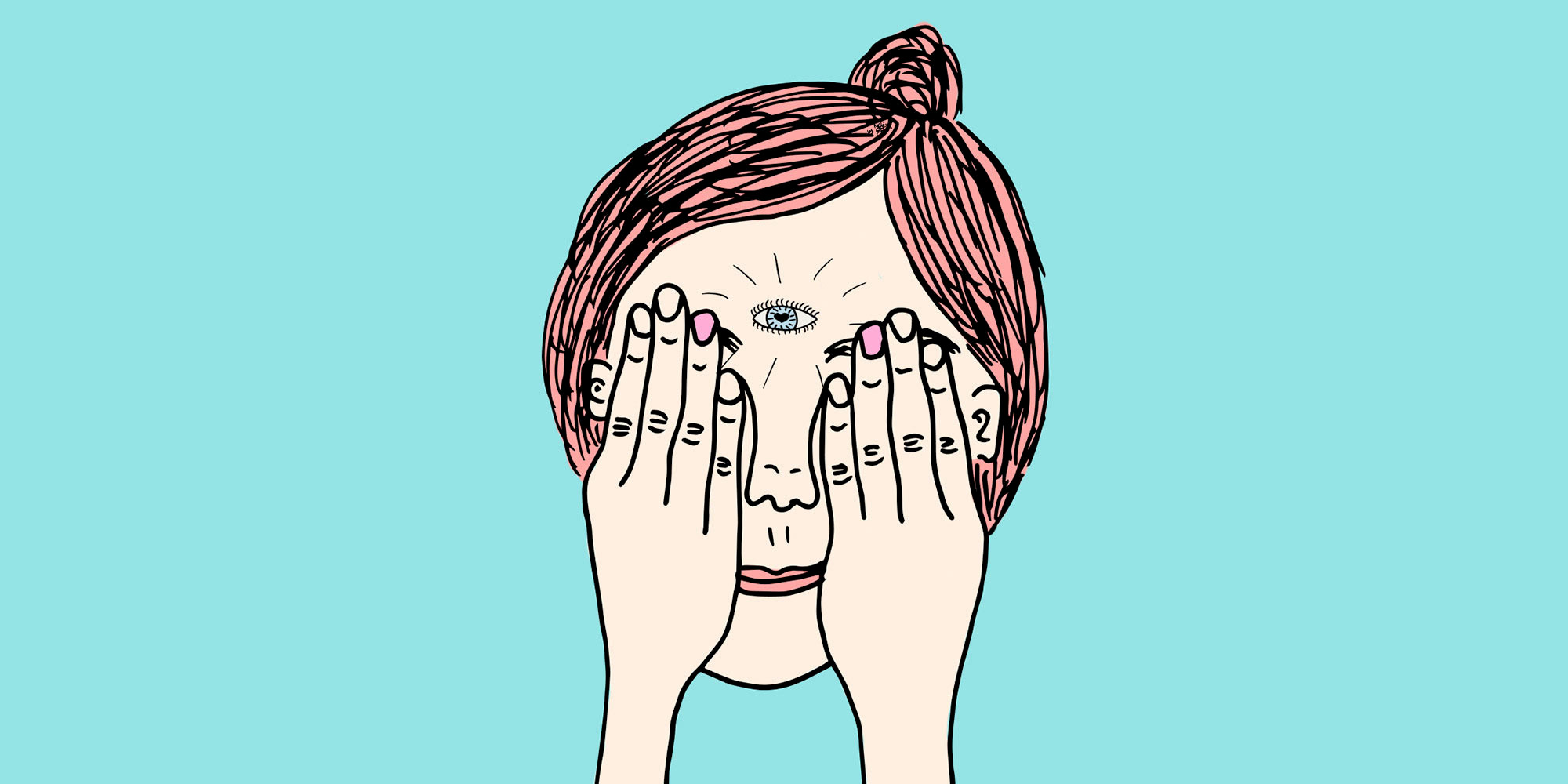 Illustration von Melanie Bütikofer: eine Frau hält sich mit beiden Handflächen die Augen zu und sieht mit ihrem dritten Auge, das in der Mitte ihrer Stirn zu sehen ist.