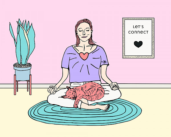 Illustration mit einer meditierender Frau, auf deren Schoss eine Katze schläft