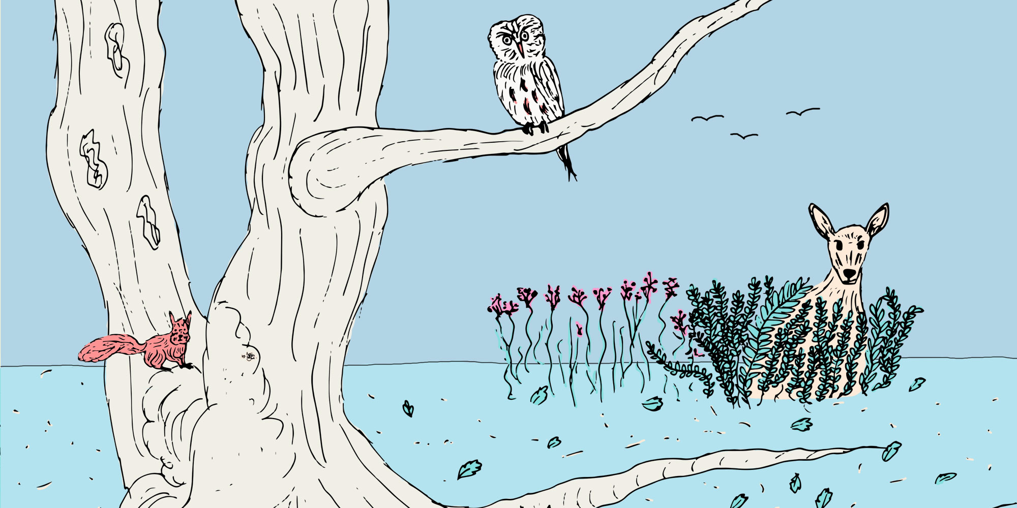 Hand-Illustration eines Fuchses, der mit lächelndem Gesicht im Rasen neben einem alten Baum sitzt und Richtig vorbeifliegendem Schmetterling schaut.