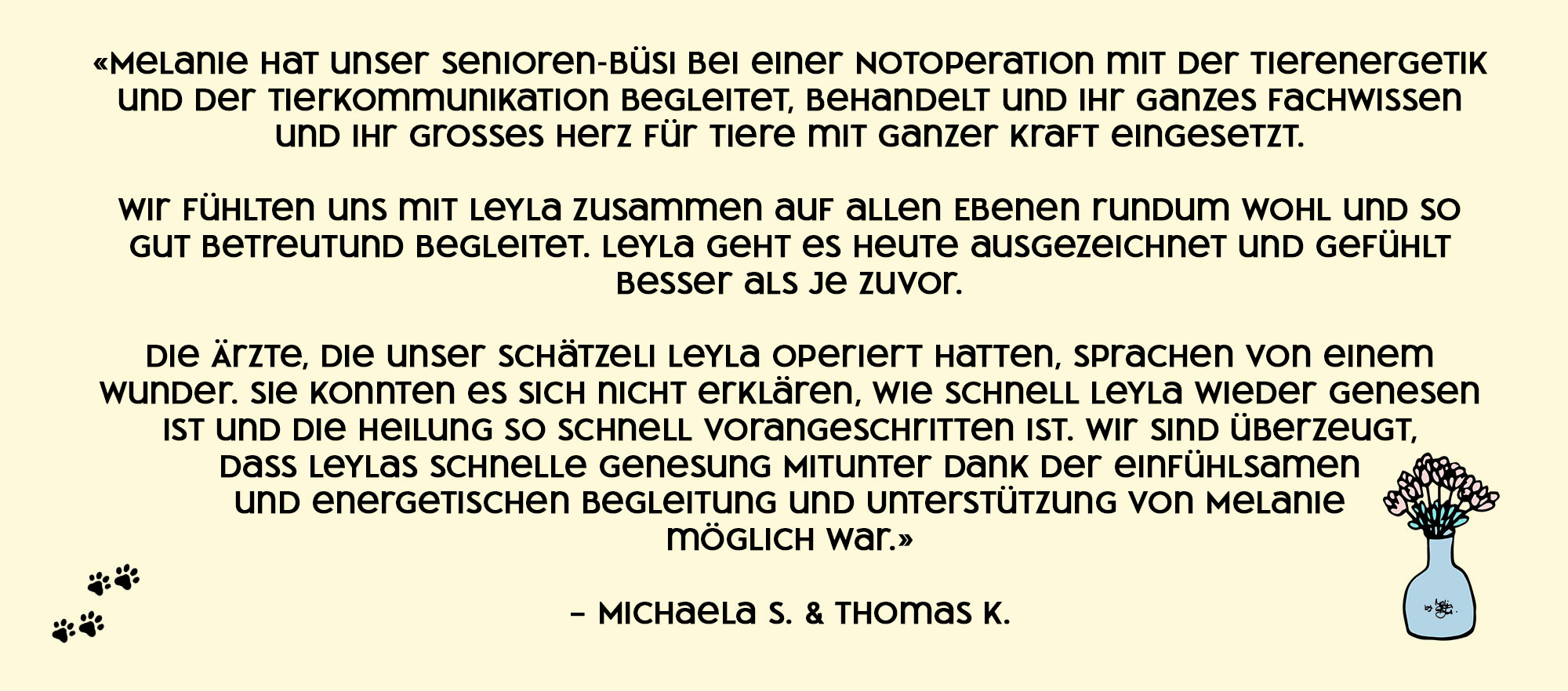 Bild mit Testimonialtext von Michaela und Thomas mit ihrer Senioren-Katze.