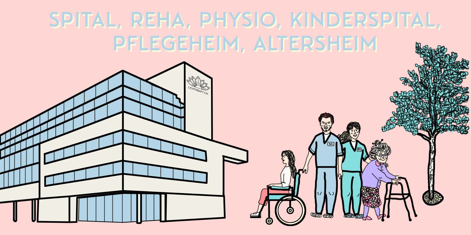 Illustration einer energetische Gebäudereinigung von Lichtkraft für Spital, Reha, Physio, Kinderspital, Pflegeheim, Altersheim, etc.